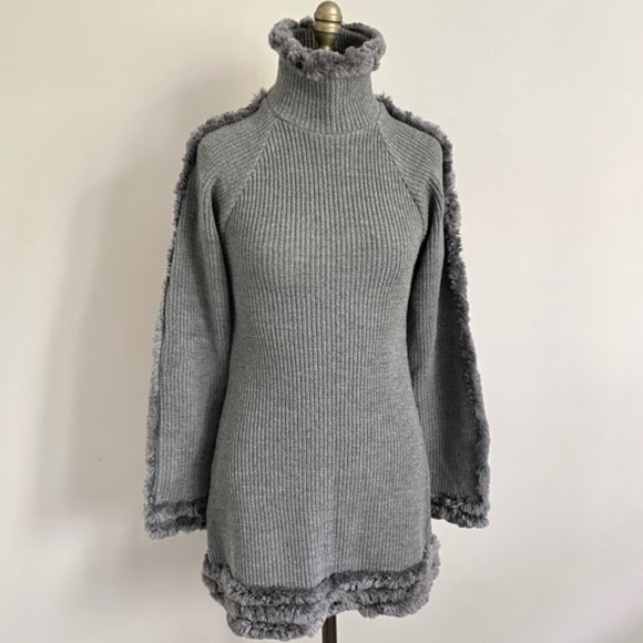 Frett Design Sweaters - Frett Gray Wool Blend Fur Trimmed Turtleneck Tunic Sweater Mini Dress - S 🇨🇦
